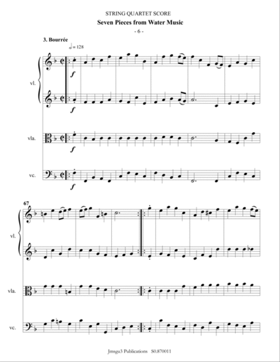 Handel: Seven Pieces from Water Music for String Quartet String Quartet scores gallery preview page 6
