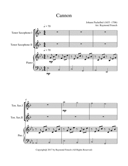 Canon - Johann Pachebel - 2 Tenor Saxes and Piano - Intermediate/Advanced Intermediate level image number null