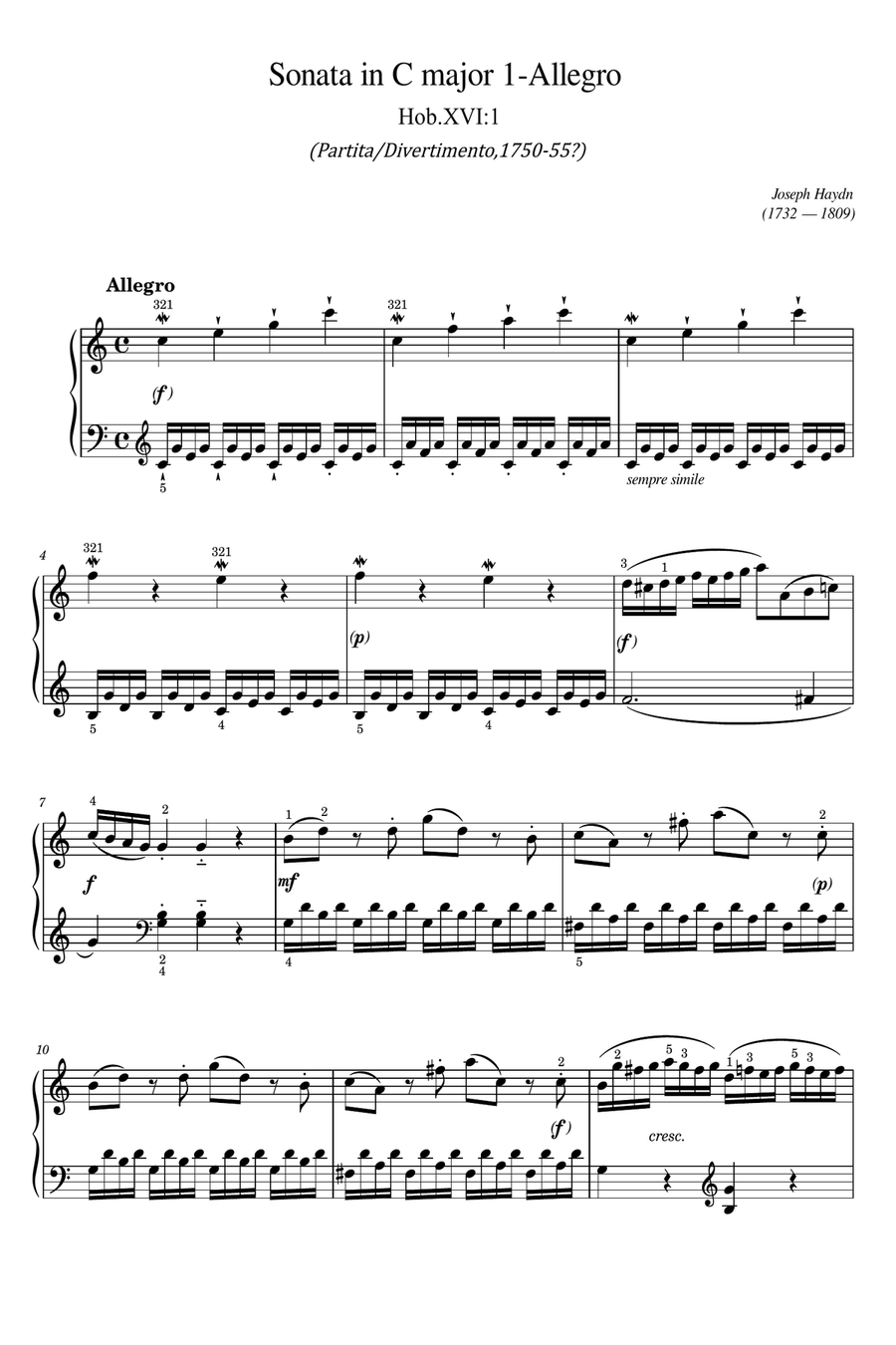 Haydn - Keyboard Sonata in C Major, Hob. XVI:1: I. Allegro - Original With Fingering For Piano Solo Easy Piano scores gallery preview page 1