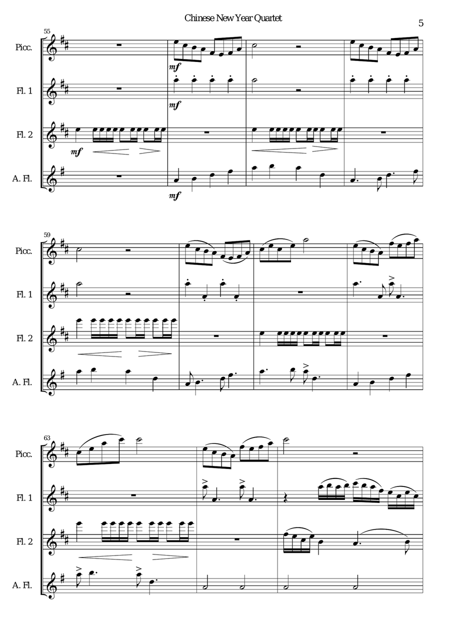 Chinese New Year Celebration for flute quartet (piccolo, 2 flutes, alto flute) Flute Quartet scores gallery preview page 5
