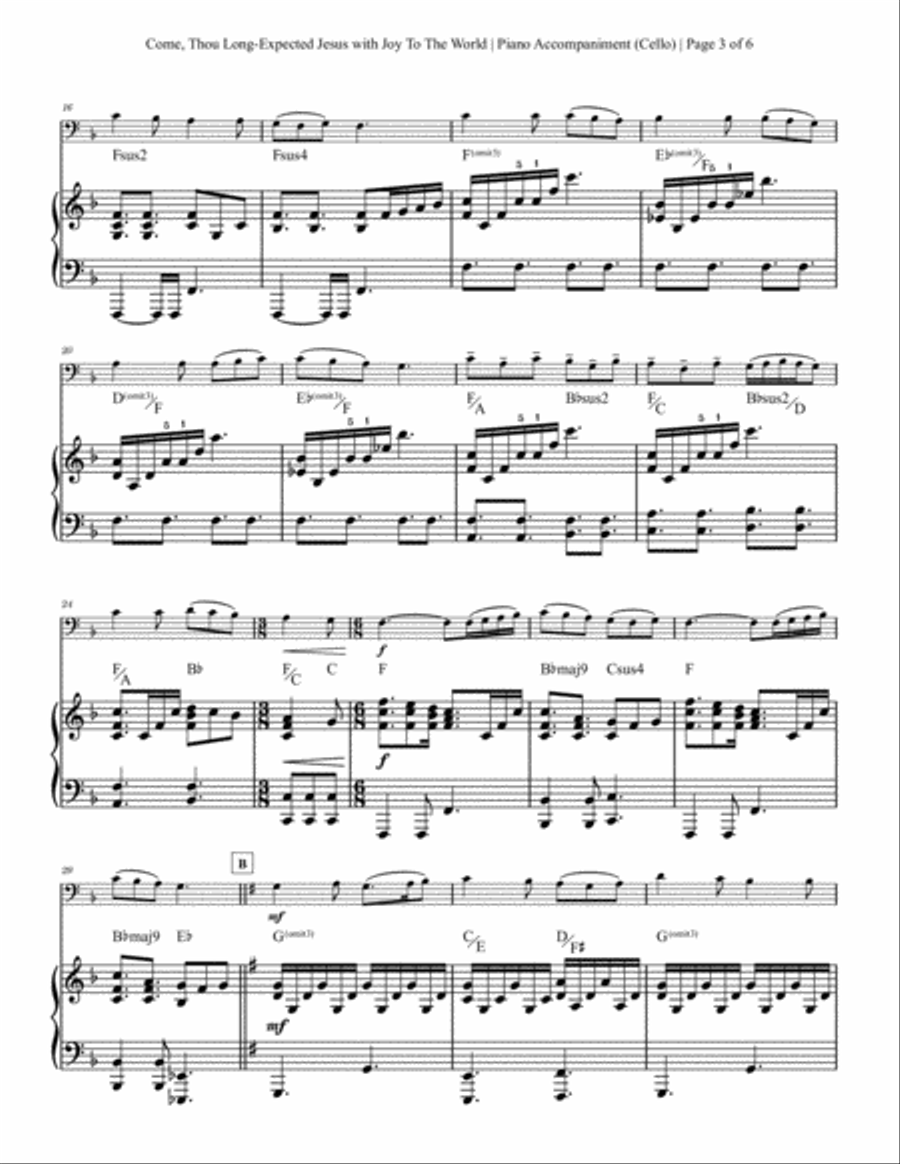 Come, Thou Long-Expected Jesus with Joy To The World - Cello Solo with Piano Accompaniment Piano scores gallery preview page 3
