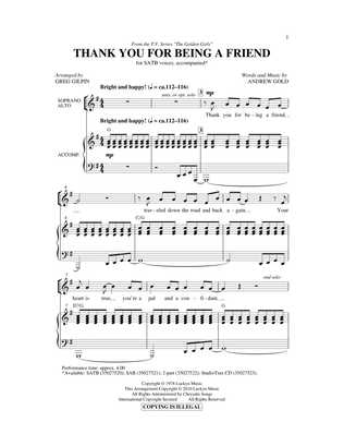 Book cover for Thank You For Being A Friend (Theme from The Golden Girls) (arr. Greg Gilpin)