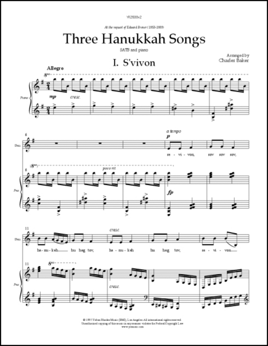Hanukkah Songs, Three Hanukkah Songs, Three 4-Part scores gallery preview page 1
