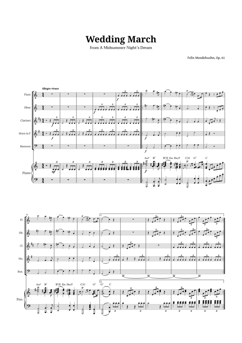 Wedding March by Mendelssohn for Woodwind Quintet and Piano with Chords image number null