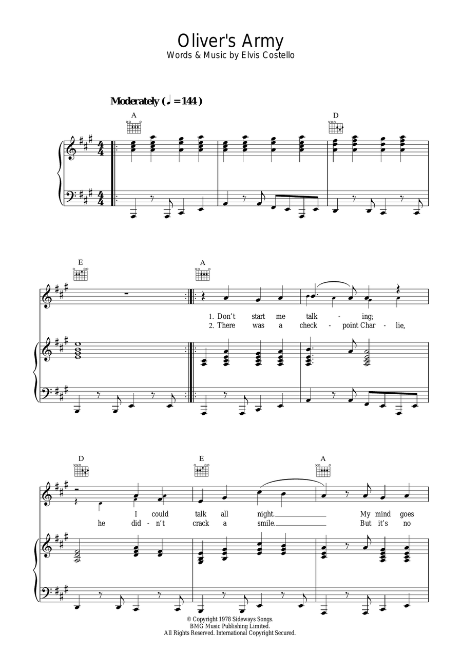 Oliver's Army Piano, Vocal, Guitar scores gallery preview page 1