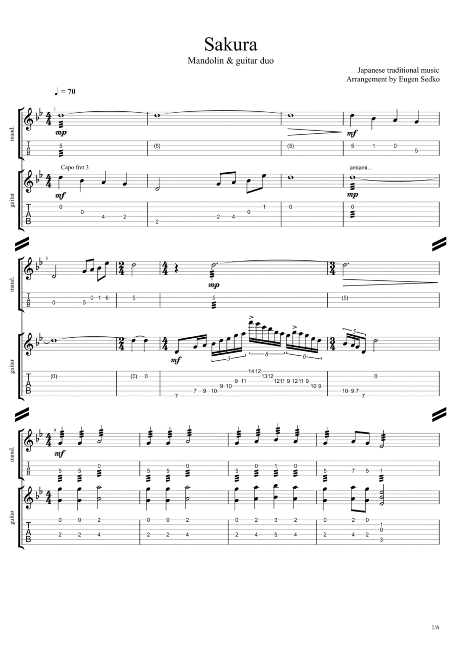 Sakura / さくら Mandolin and guitar arrangement マンドリンとギターのための楽譜 Acoustic Guitar scores gallery preview page 1