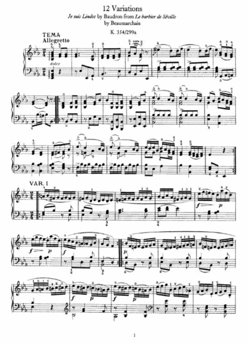 W. A. Mozart - 12 Variations Je suis Lindor by Baudron from Le barbier de Séville by Beaumarchais K. 354-299a