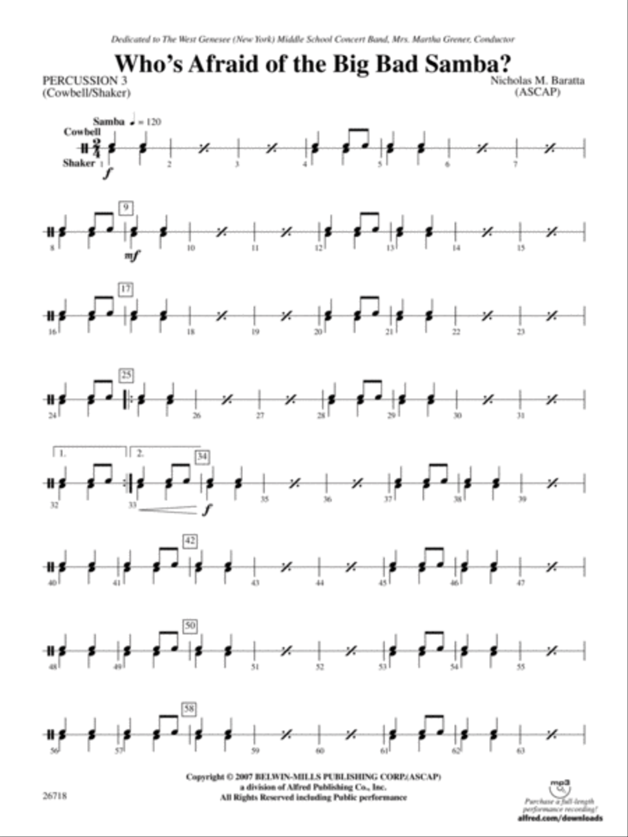 Who's Afraid of the Big Bad Samba?: 3rd Percussion Concert Band scores gallery preview page 1