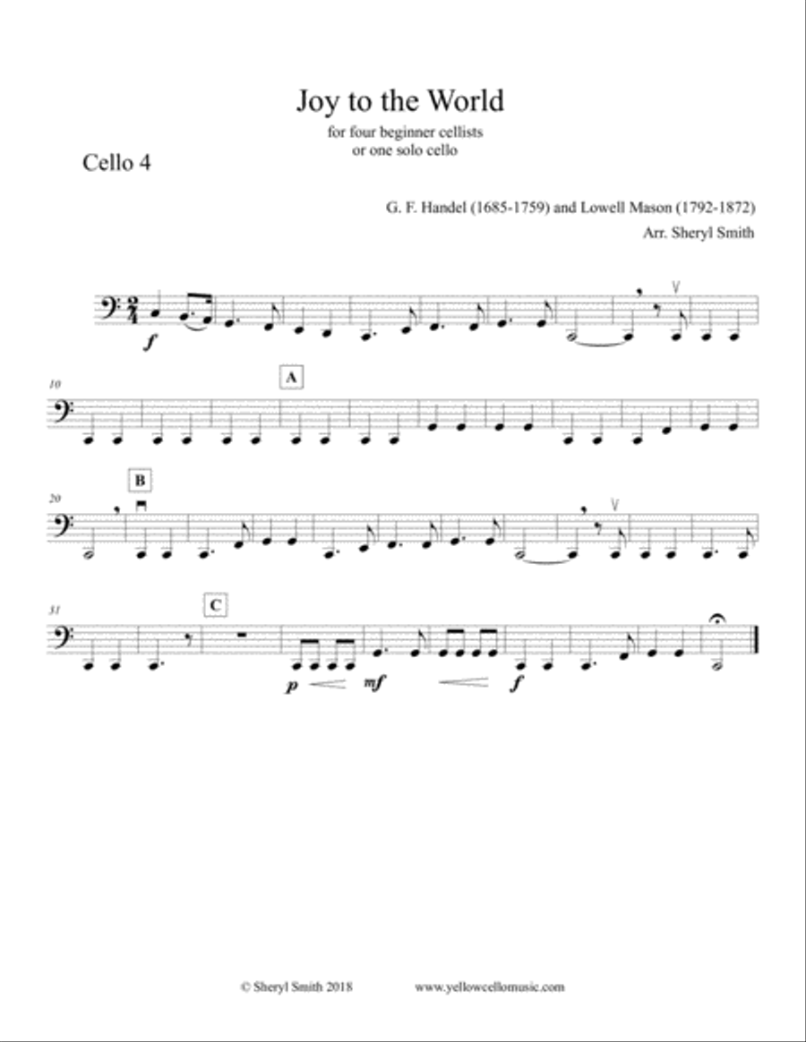 Beginner cello quartet Christmas music: Joy to the World, Adeste Fideles, Carol of the Bells, We Thr