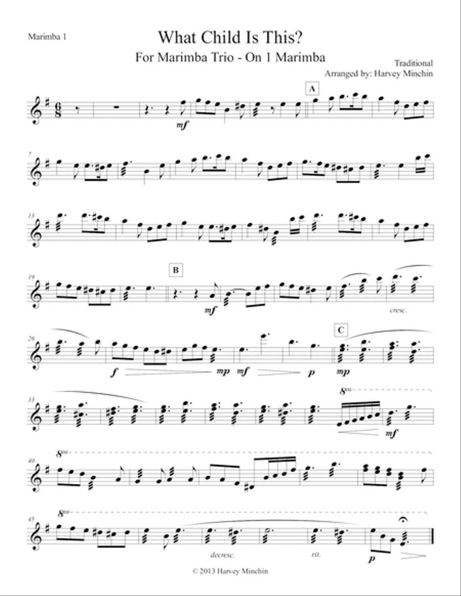 What Child Is This? - For Marimba Trio Percussion Ensemble scores gallery preview page 3