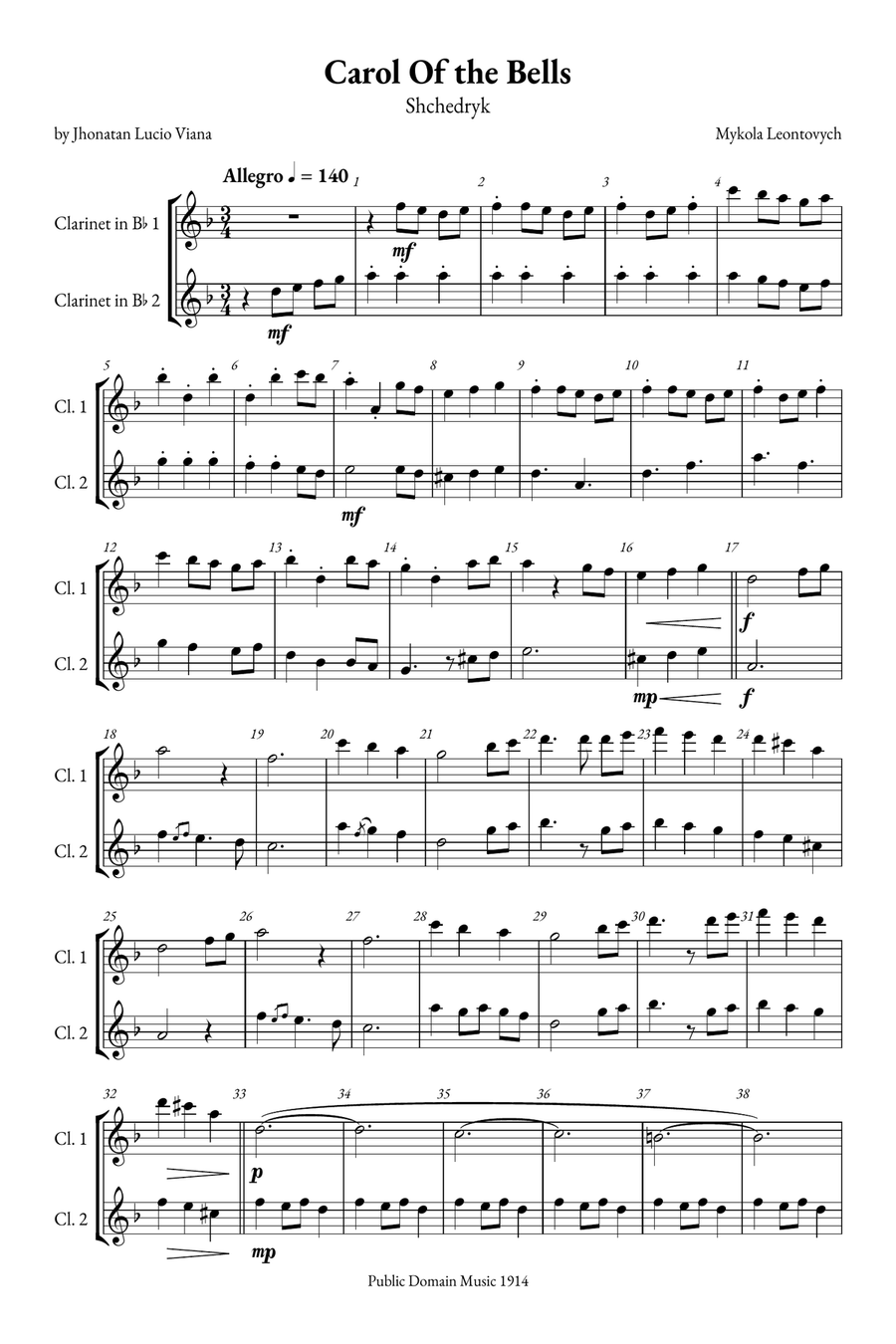 Carol of the Bells Clarinet Duet scores gallery preview page 1