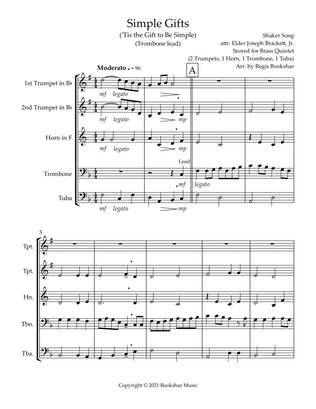 Book cover for Simple Gifts ('Tis the Gift to Be Simple) (F) (Brass Quintet - 2 Trp, 1 Hrn, 1 Trb, 1 Tuba) (Trombon