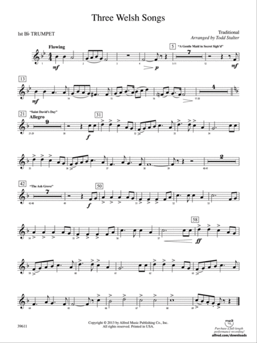 Three Welsh Songs: 1st B-flat Trumpet Concert Band scores gallery preview page 1