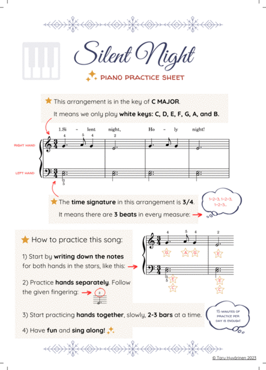 'Silent Night' Easy Beginner Christmas Piano Sheet Music + Practice Sheet for Kids/Teachers image number null