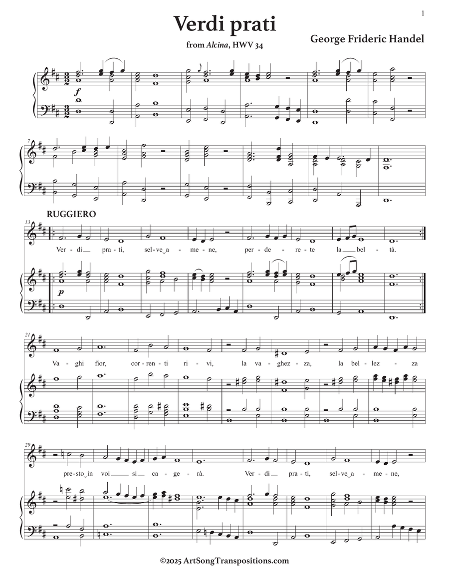 HANDEL: Verdi prati (transposed to D major) Piano, Vocal scores gallery preview page 2