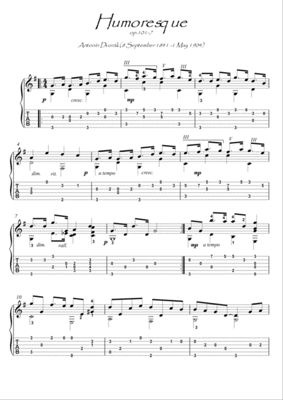 Humoresque by Dvorak guitar solo Acoustic Guitar scores gallery preview page 1