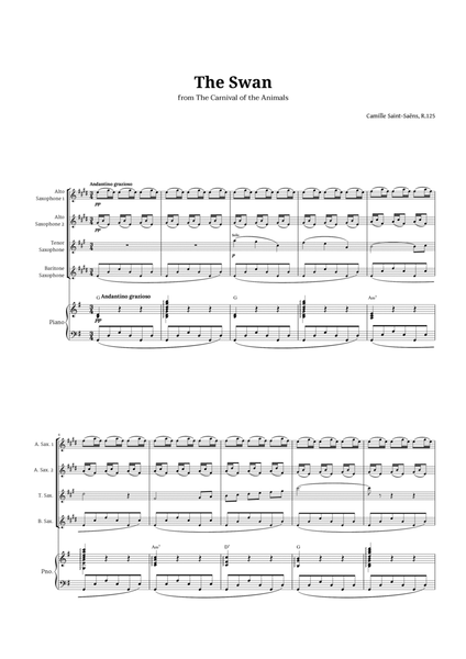 The Swan by Saint-Saëns for Sax Quartet AATB and Piano with Chords image number null