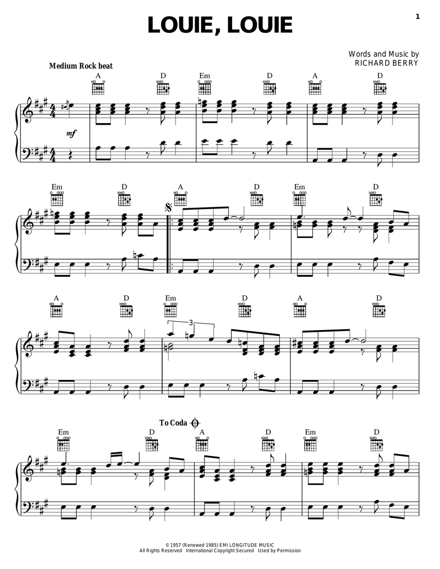 Louie, Louie Louie, Louie Piano Solo scores gallery preview page 1