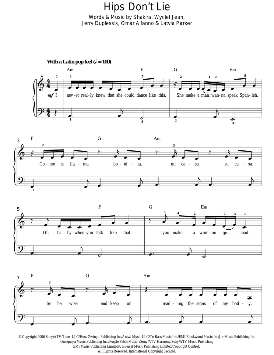 Hips Don't Lie Easy Piano scores gallery preview page 1