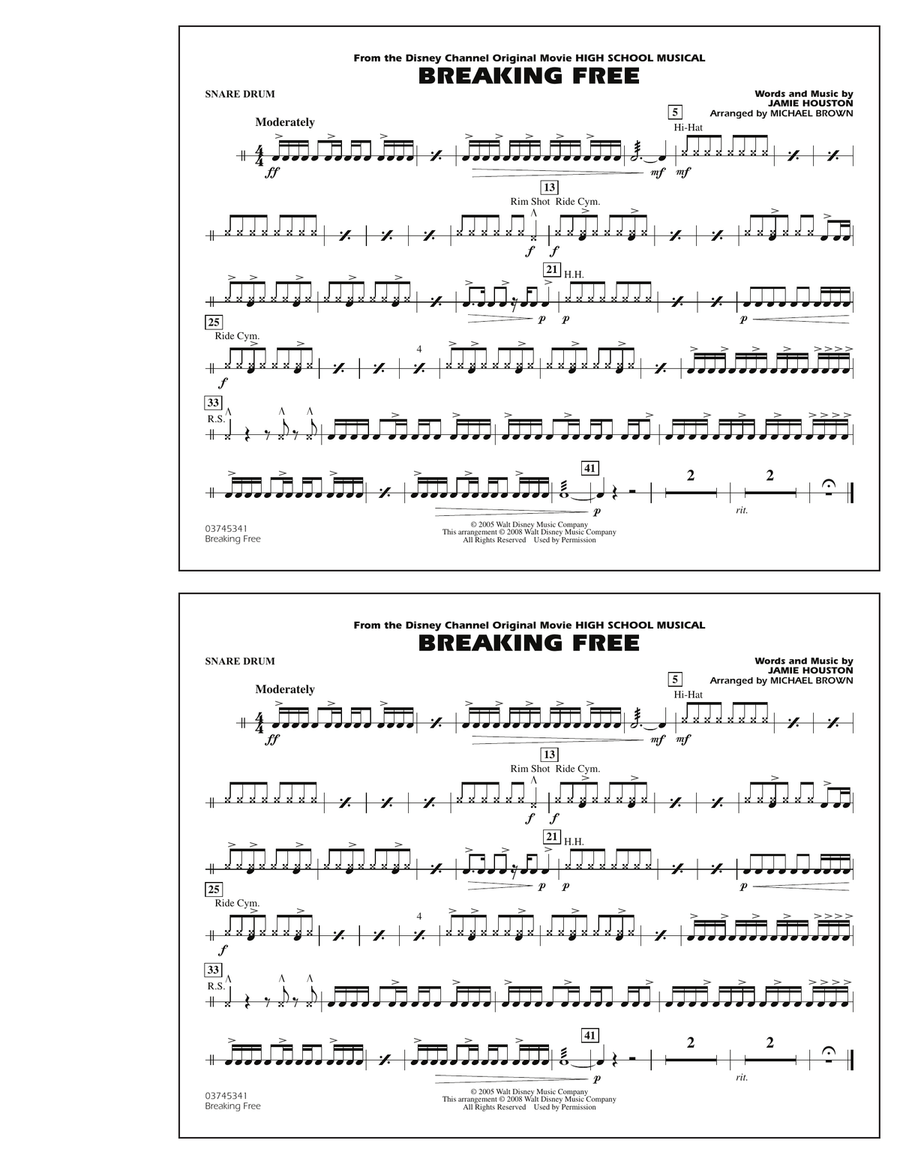 Breaking Free (from High School Musical) - Snare Drum Marching Band scores gallery preview page 1