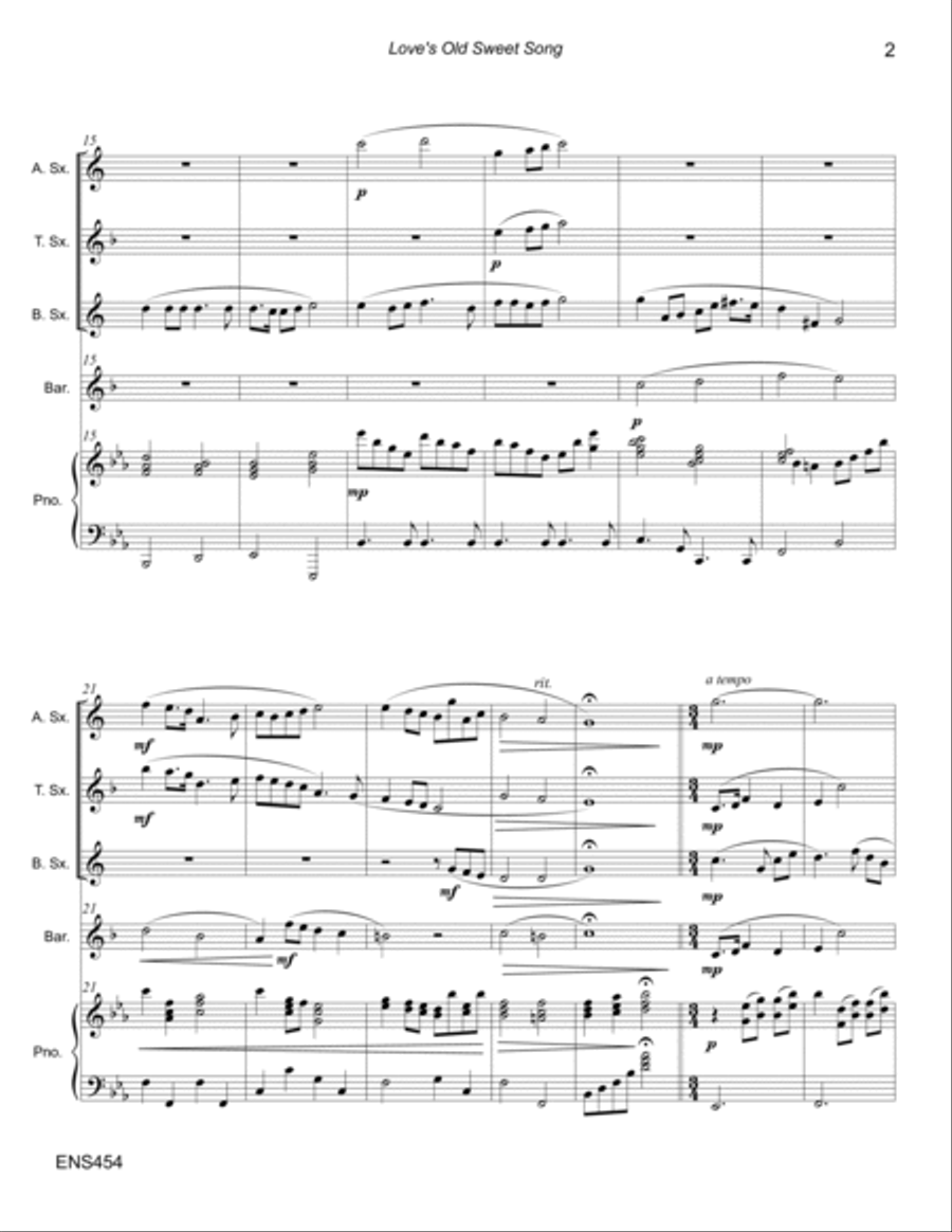 LOVE'S OLD SWEET SONG - Alto, Tenor, Bari Sax and Trombone/Baritone TC with Piano Small Ensemble scores gallery preview page 2