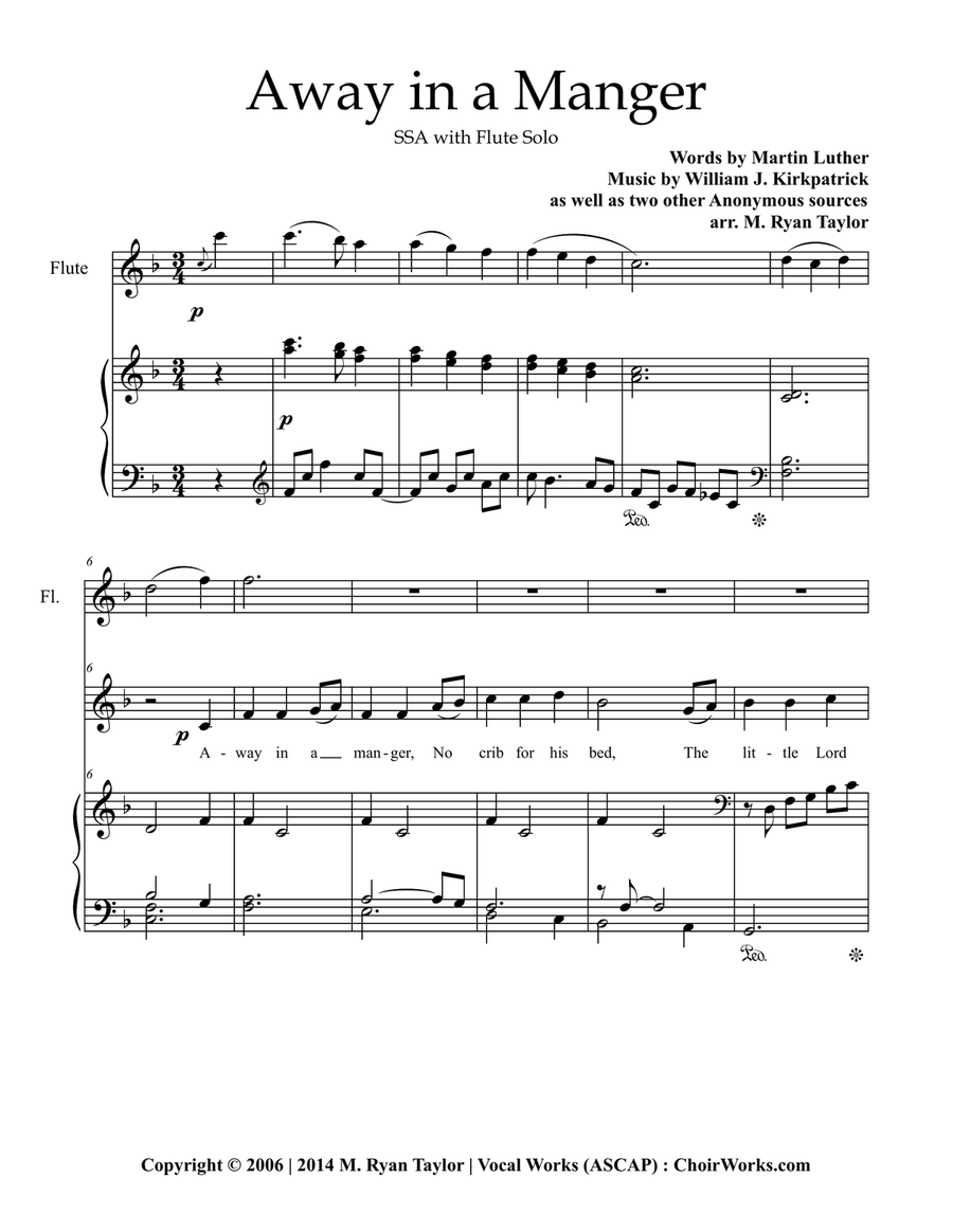 Away in a Manger : SSA Choir, Piano and Flute SSA scores gallery preview page 1