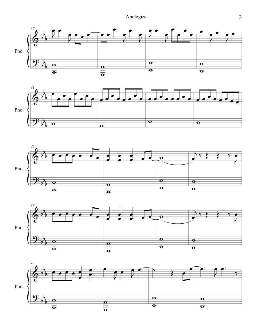 Apologize Apologize Easy Piano scores gallery preview page 3
