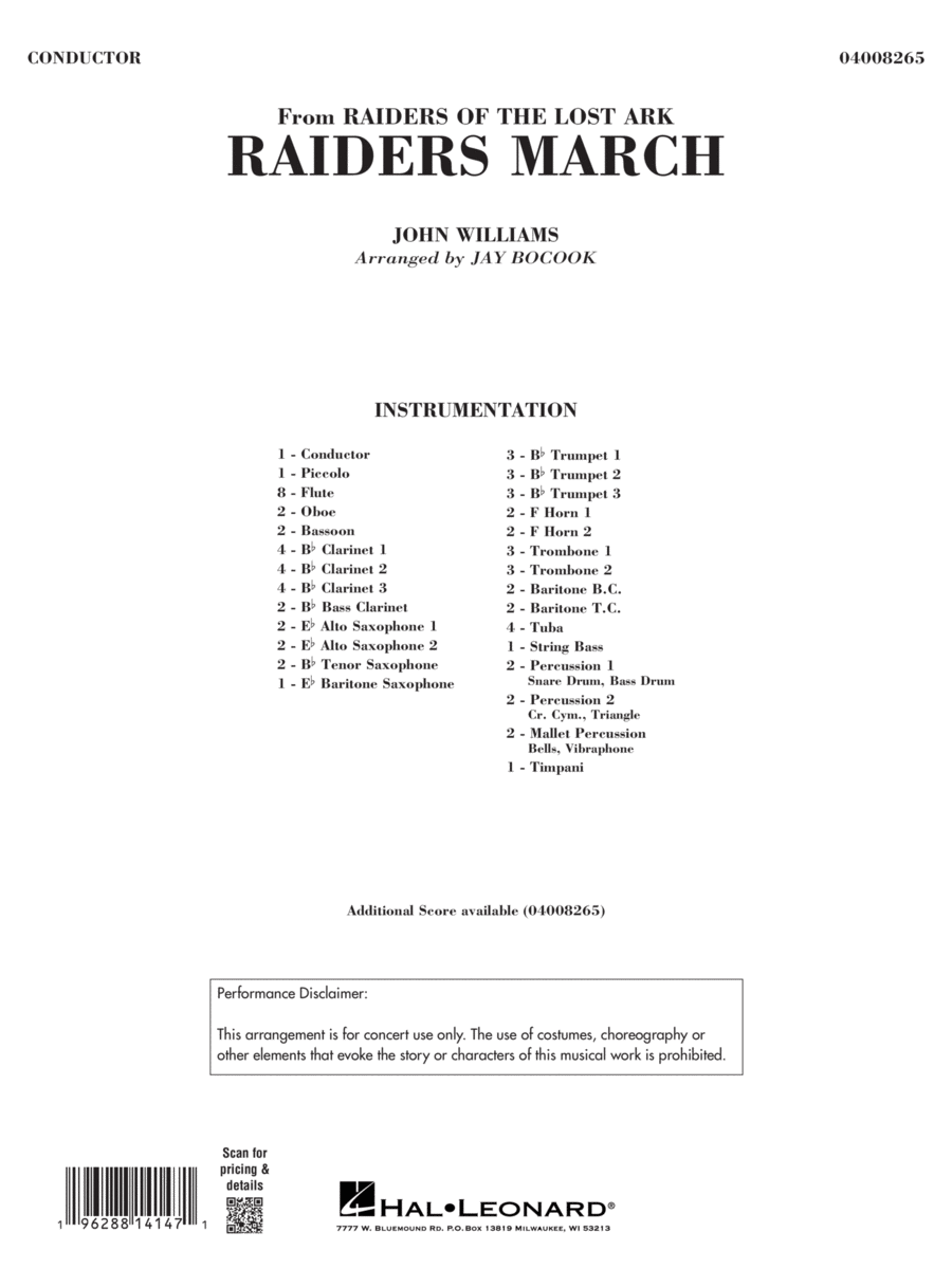 Raiders March (from Raiders Of The Lost Ark) (arr. Jay Bocook) - Conductor Score (Full Score) Concert Band scores gallery preview page 1