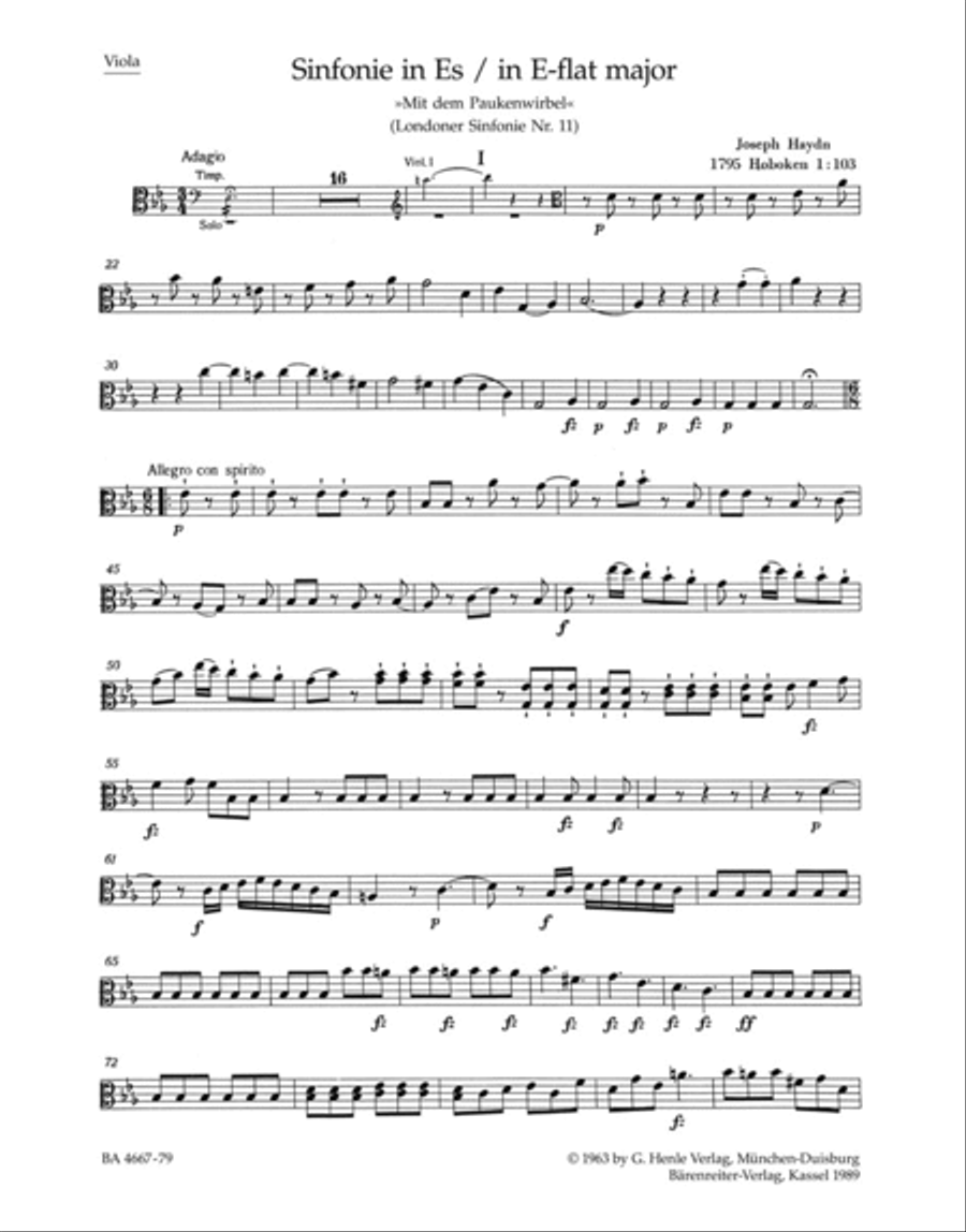 Londoner Sinfonie, No. 11 E flat major Hob.I:103 'Mit dem Paukenwirbel' Viola scores gallery preview page 1