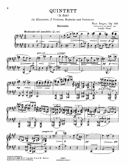 Quintet (A dur) fur Klarinette (oder Bratsche), zwei Violinen, Bratsche und Violoncell. Op. 146