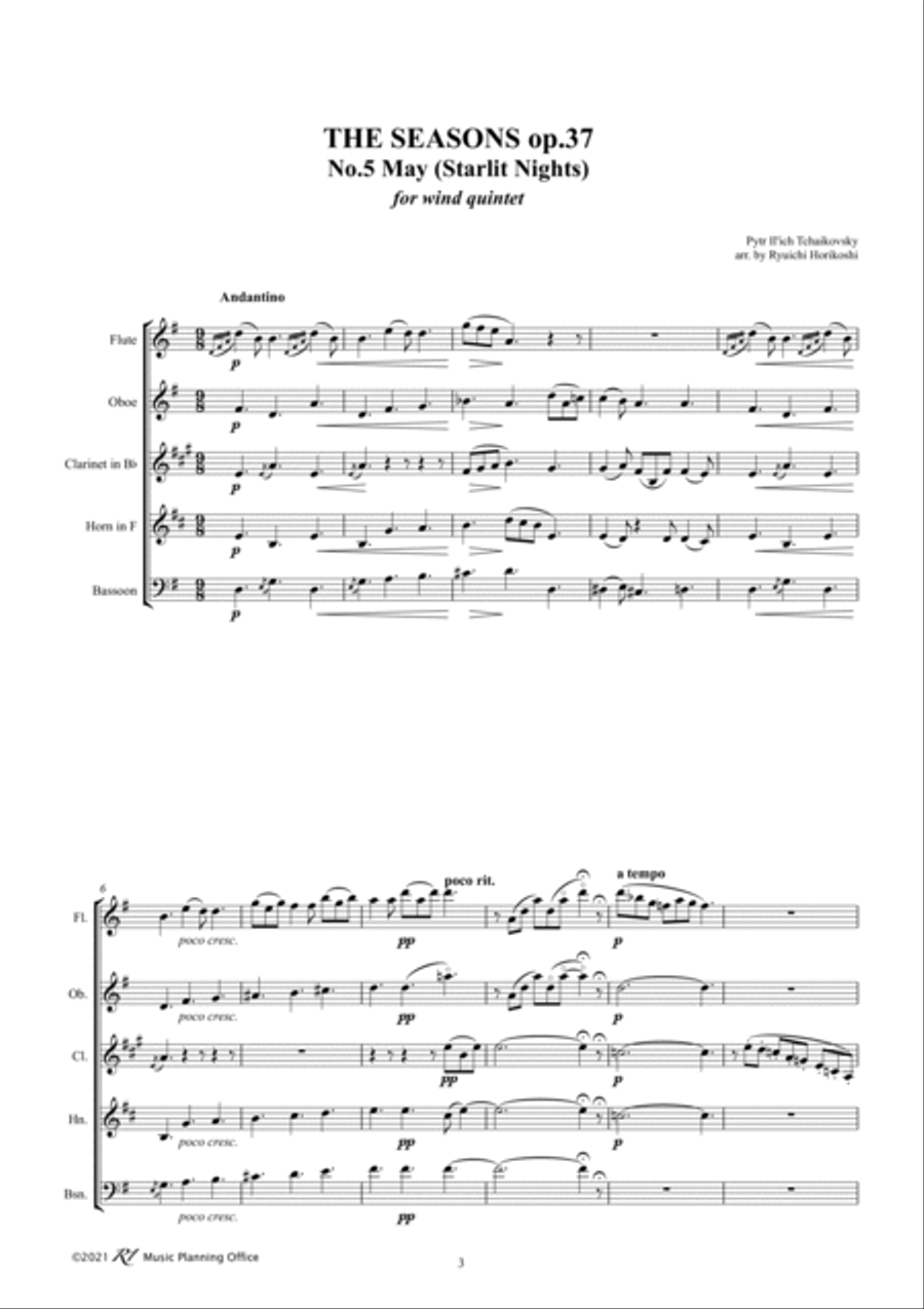 Tchaikovsky: The Seasons Op37 No.5 May (Starlit Nights) Woodwind Quintet scores gallery preview page 3