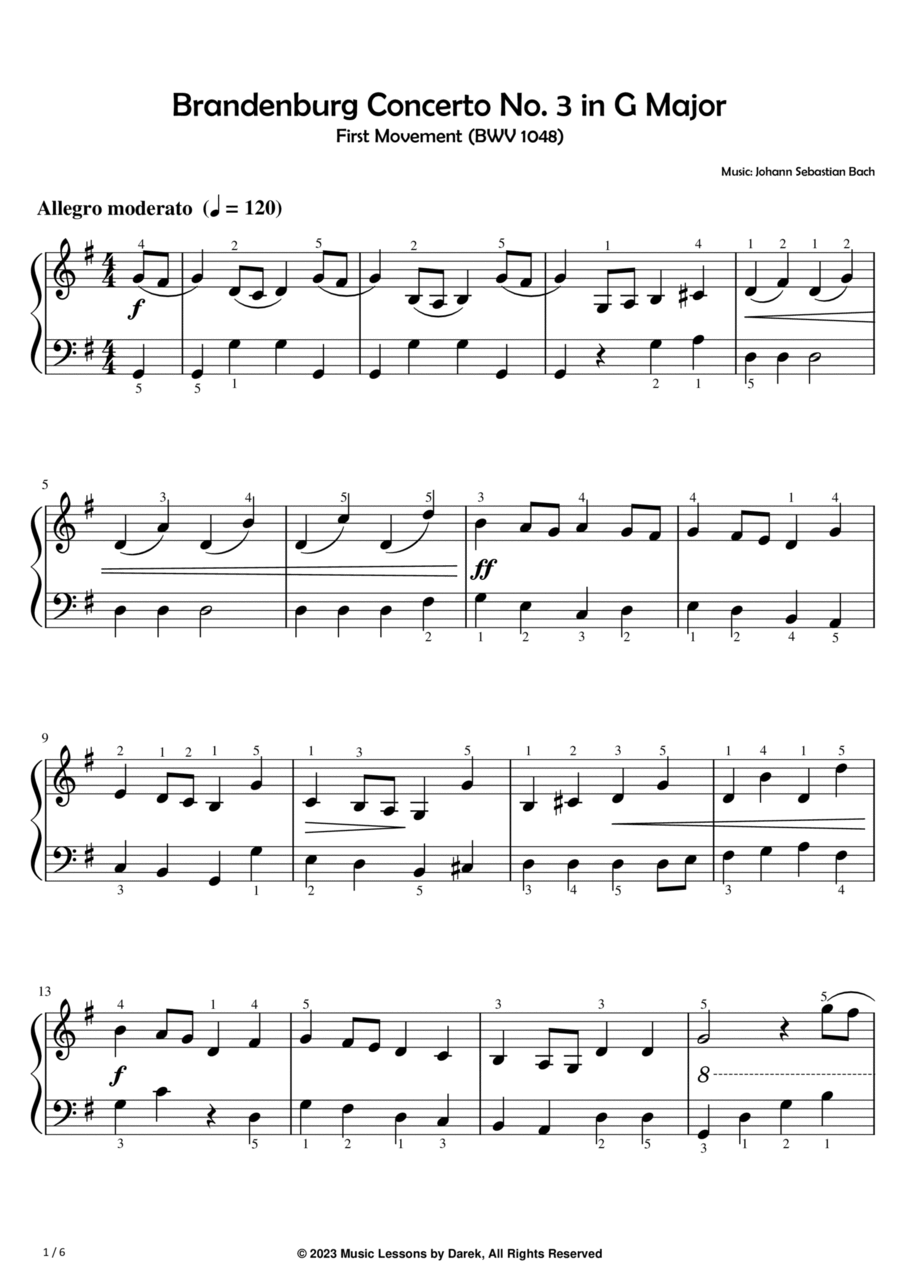 Brandenburg Concerto No. 3 in G Major (EASY PIANO) First Movement (BWV 1048) [Johann Sebastian Bach] Easy Piano scores gallery preview page 1