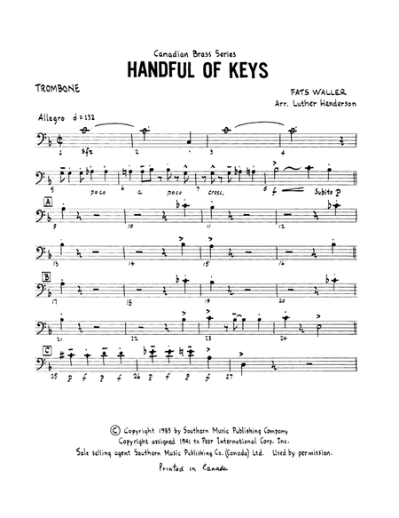 Handful of Keys - Trombone (B.C.) by Thomas Fats Waller - Trombone Solo -  Digital Sheet Music