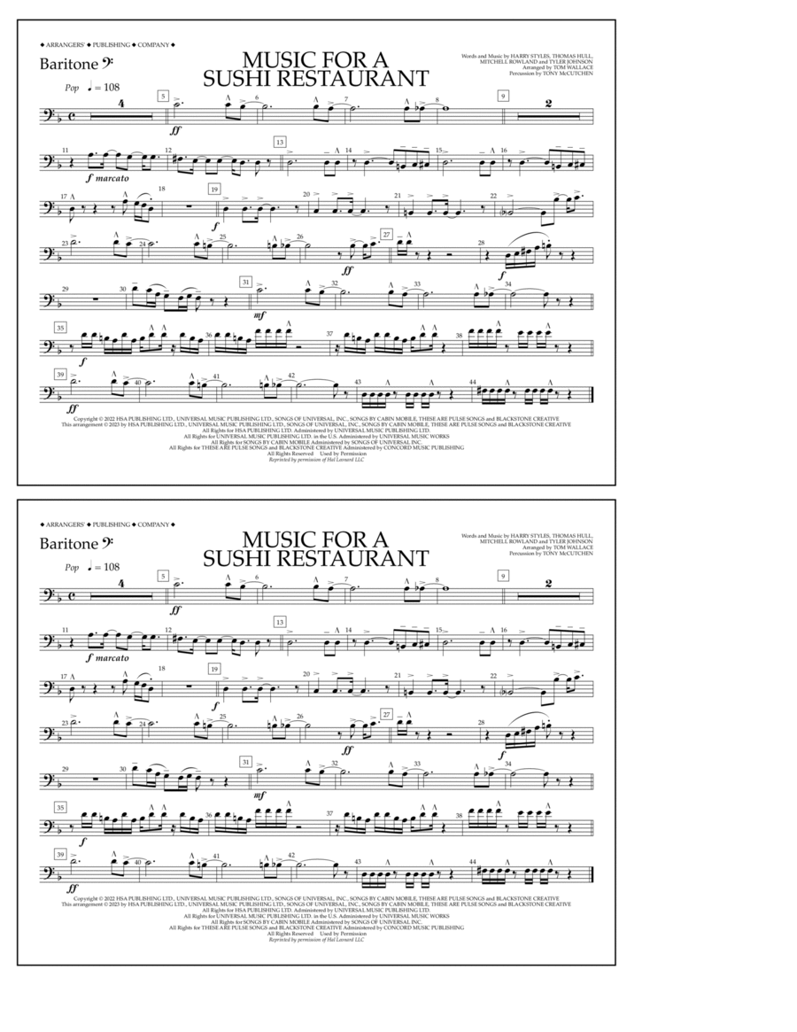 Music For A Sushi Restaurant (arr. Tom Wallace) - Baritone B.C. Marching Band scores gallery preview page 1