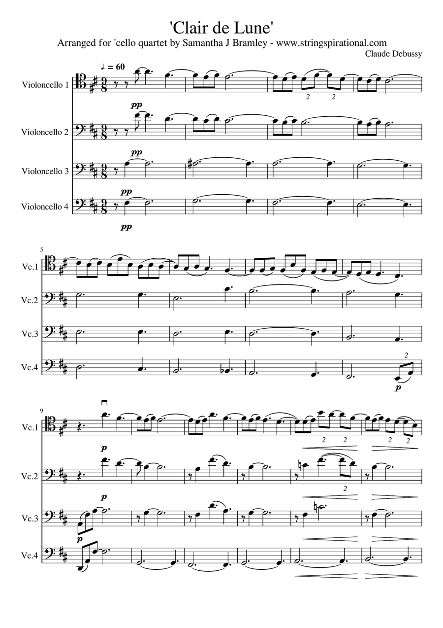 Clair de Lune by Claude Debussy for 'cello quartet Cello Solo scores gallery preview page 1