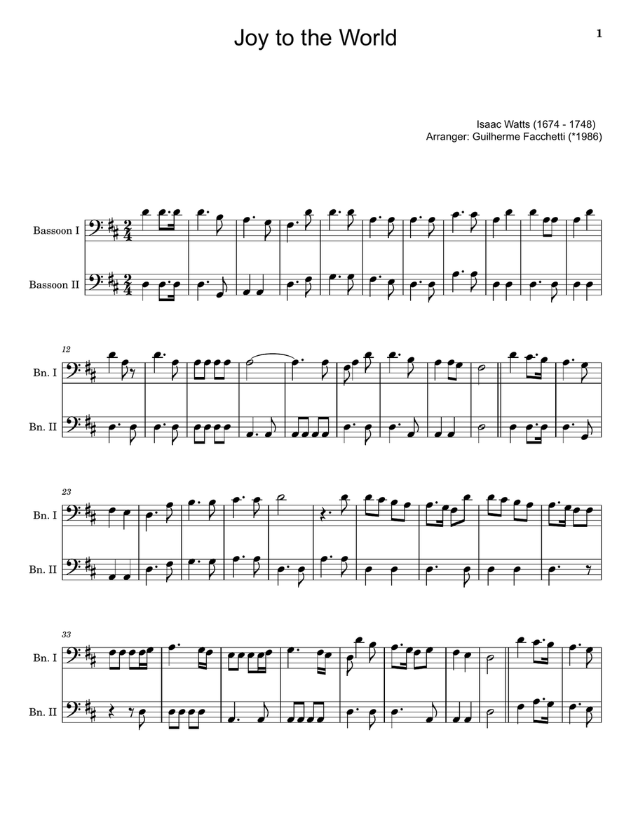 Joy to the World - Arranged for Bassoon Duet. Woodwind Duet scores gallery preview page 1