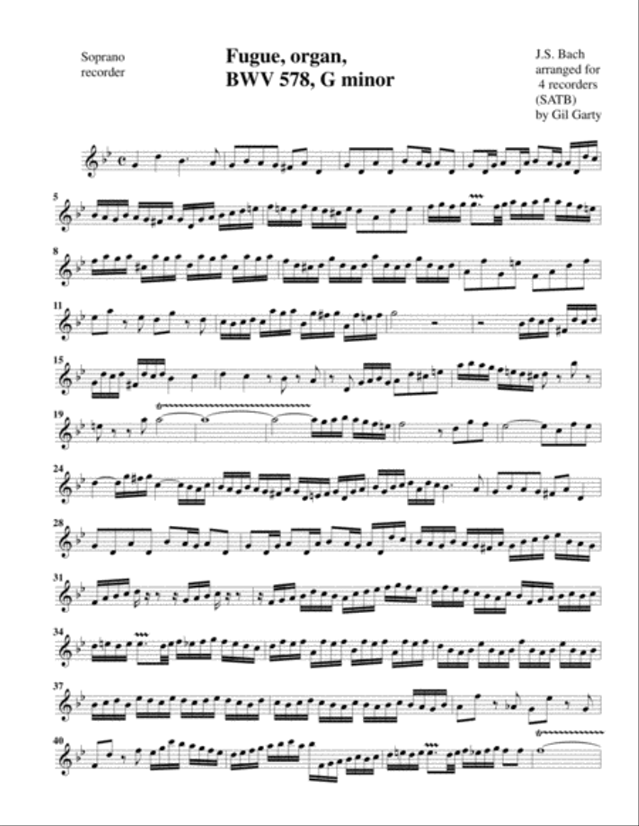 Fugue for organ, BWV 578 (Arrangement for 4 recorders) Recorder scores gallery preview page 5