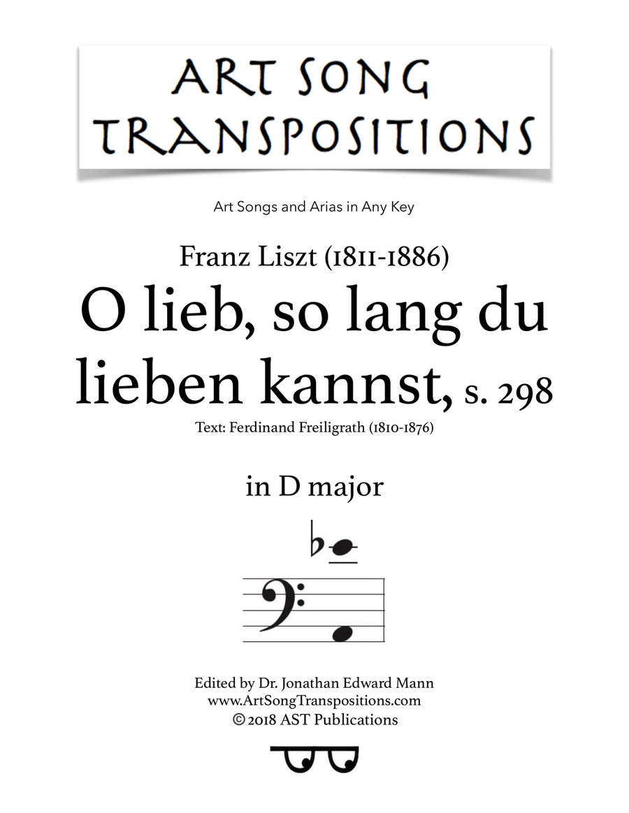 LISZT: O lieb so lang du lieben kannst, S. 298 (transposed to D major, bass clef) Piano, Vocal scores gallery preview page 1