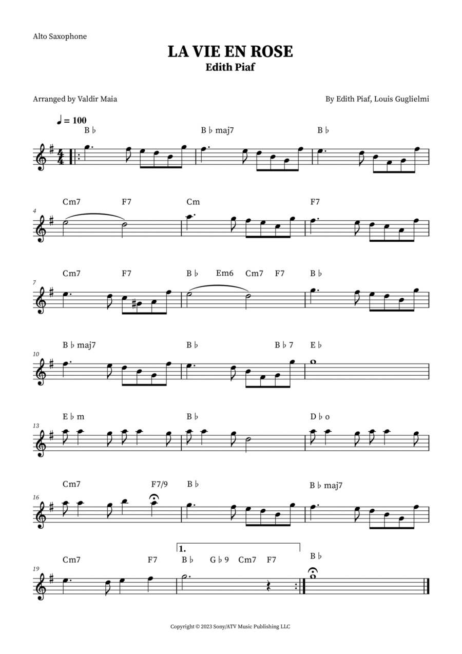La Vie En Rose Alto Saxophone scores gallery preview page 1