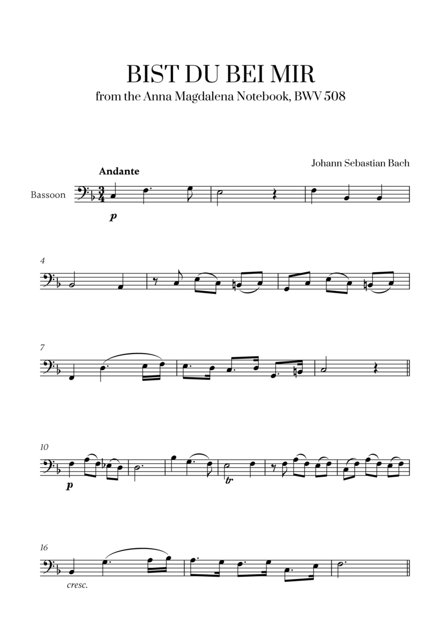 Johann Sebastian Bach - Bist du bei Mir (BWV 508) (F major) for Bassoon Solo Bassoon Solo scores gallery preview page 1