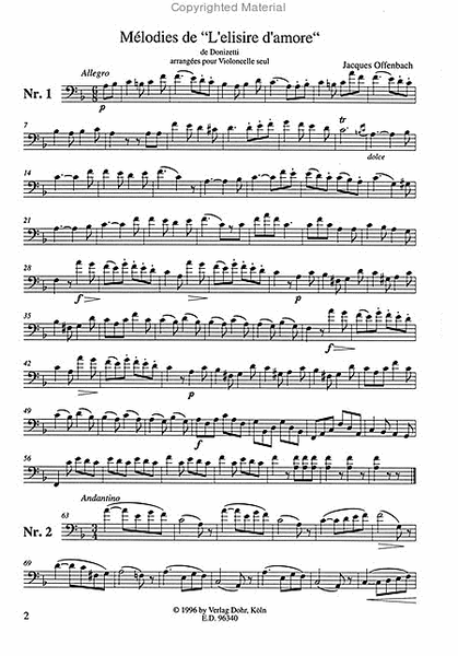 Mélodies de "L'elisire d'amore" de Donizetti arrangées pour Violoncelle seul (1853)