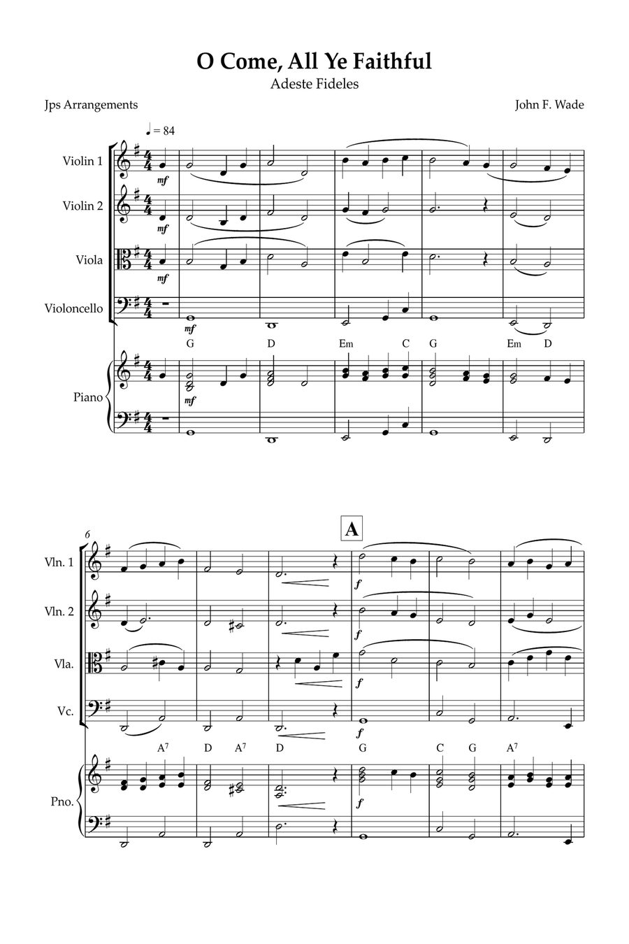 O Come, All Ye Faithful for String quartet and piano String Quartet scores gallery preview page 1
