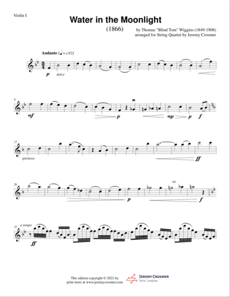 Thomas Wiggins - Water in the Moonlight - Black Composers, Classical Quartets String Quartet scores gallery preview page 6