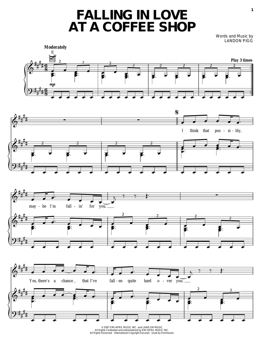 Falling In Love At A Coffee Shop Piano, Vocal, Guitar scores gallery preview page 1
