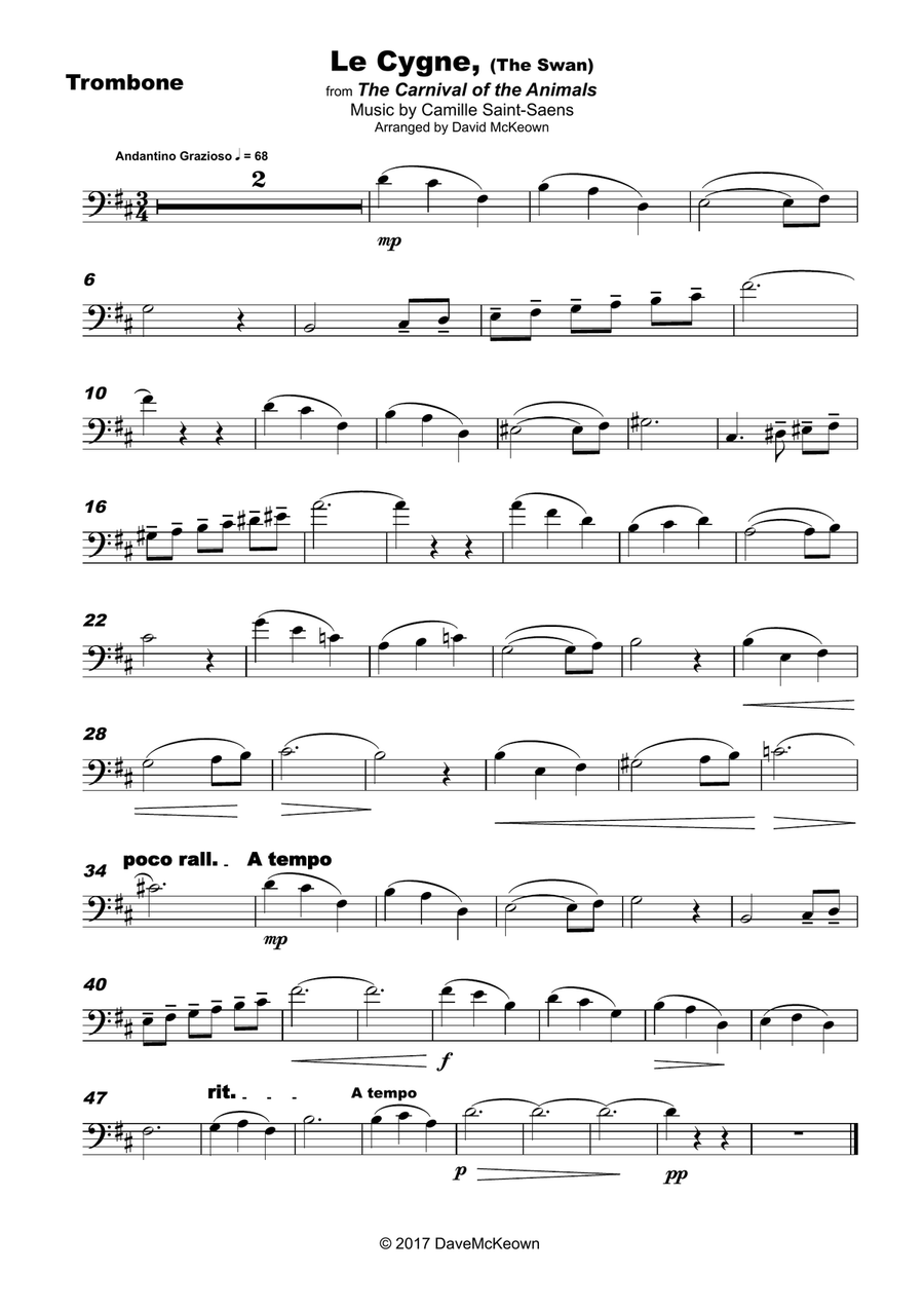 The Swan, (Le Cygne), by Saint-Saens, for Trombone and Piano Piano scores gallery preview page 2
