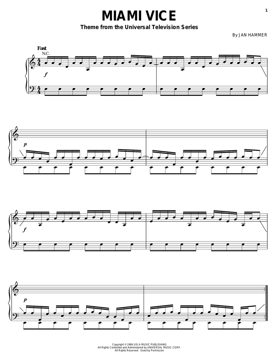 Miami Vice Piano Solo scores gallery preview page 1