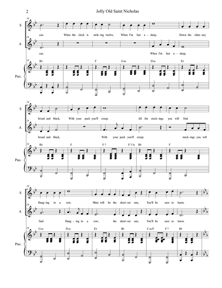 Jolly Old Saint Nicholas with Up On The Housetop (Duet for Soprano and Alto Solo) Alto Voice scores gallery preview page 3