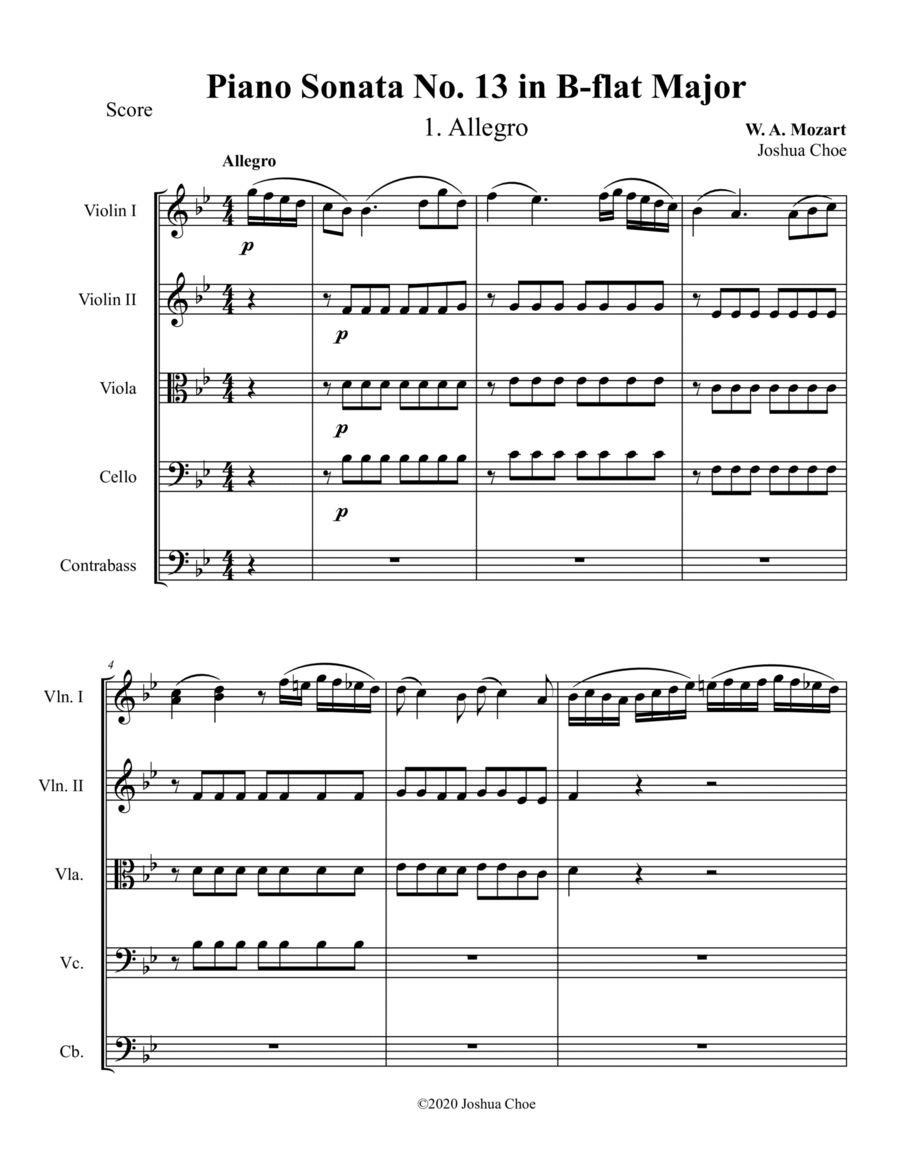 Piano Sonata No. 13, Movement 1 String Orchestra scores gallery preview page 1