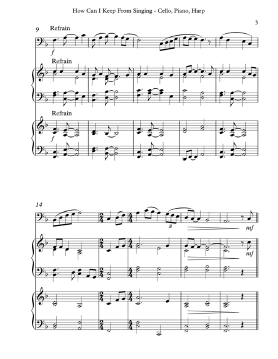 How Can I Keep From Singing, Trio for Cello, Piano & Harp Pedal Harp scores gallery preview page 3