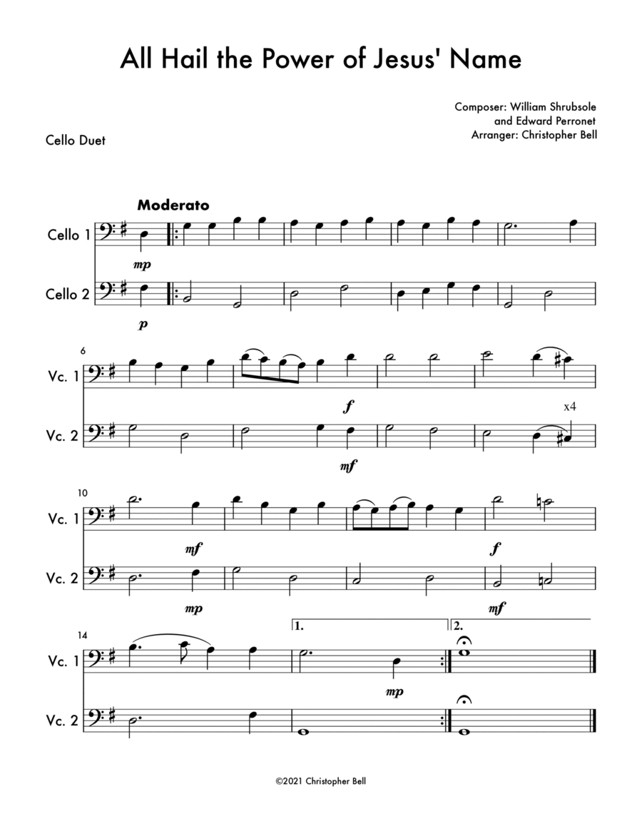 All Hail the Power of Jesus' Name - Easy Cello Duet String Duet scores gallery preview page 1